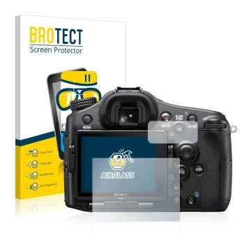 Front side of a product packaging with the brand logo BROTECT. Next to it is the device Sony Alpha 77 II (SLT-A77 II) shown wi