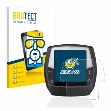 Front side of a product packaging with the brand logo BROTECT. Next to it is the device Bosch Intuvia Performance Line shown w