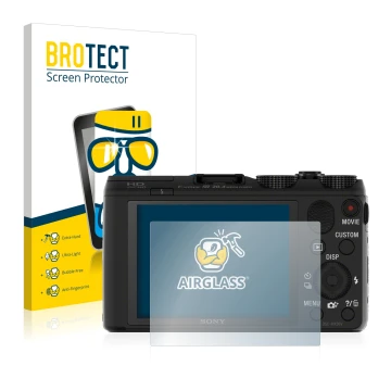 Front side of a product packaging with the brand logo BROTECT. Next to it is the device Sony Cyber-Shot DSC-HX50 shown with th