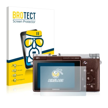 Front side of a product packaging with the brand logo BROTECT. Next to it is the device Samsung NX3000 shown with the correspo