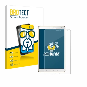 Front side of a product packaging with the brand logo BROTECT. Next to it is the device Samsung Galaxy Tab S 8.4 SM-T705 shown