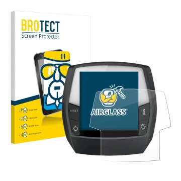 Front side of a product packaging with the brand logo BROTECT. Next to it is the device Bosch Intuvia Active Line shown with t