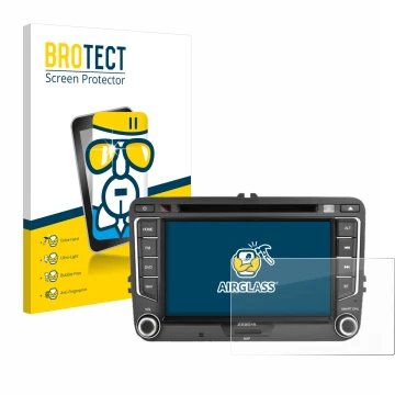 Front side of a product packaging with the brand logo BROTECT. Next to it is the device Zenec E>Go 7