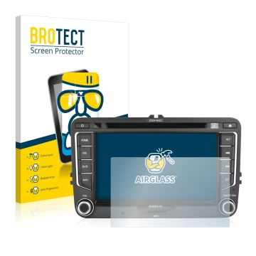Front side of a product packaging with the brand logo BROTECT. Next to it is the device Zenec Z-E2015 shown with the correspon