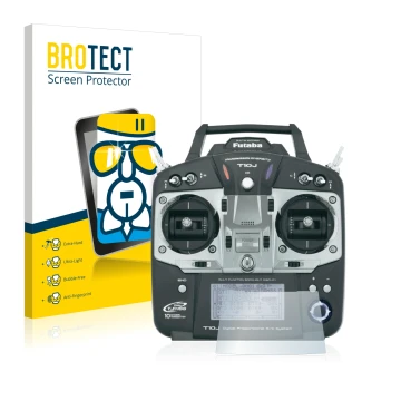 Front side of a product packaging with the brand logo BROTECT. Next to it is the device Robbe Futaba T10J shown with the corre