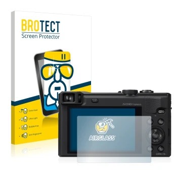 Front side of a product packaging with the brand logo BROTECT. Next to it is the device Panasonic Lumix DMC-TZ60 shown with th