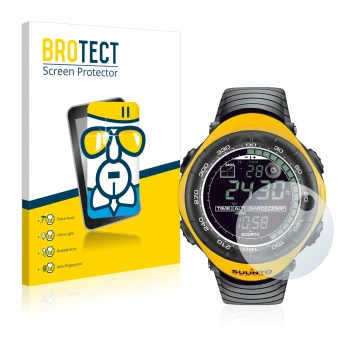 Front side of a product packaging with the brand logo BROTECT. Next to it is the device Suunto Vector Yellow shown with the co