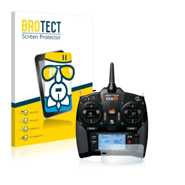 Front side of a product packaging with the brand logo BROTECT. Next to it is the device Spektrum DX6 shown with the correspond