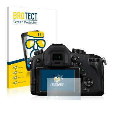 Front side of a product packaging with the brand logo BROTECT. Next to it is the device Panasonic Lumix DMC-FZ1000 shown with 