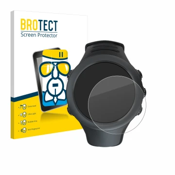 Front side of a product packaging with the brand logo BROTECT. Next to it is the device Suunto Ambit3 Sport Black shown with t
