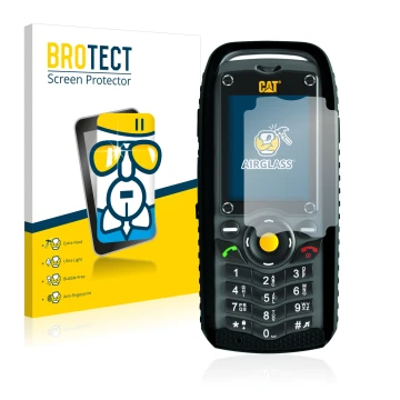 Front side of a product packaging with the brand logo BROTECT. Next to it is the device Caterpillar Cat B25 shown with the cor
