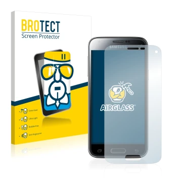 Front side of a product packaging with the brand logo BROTECT. Next to it is the device Samsung Galaxy S5 Mini SM-G800F shown 