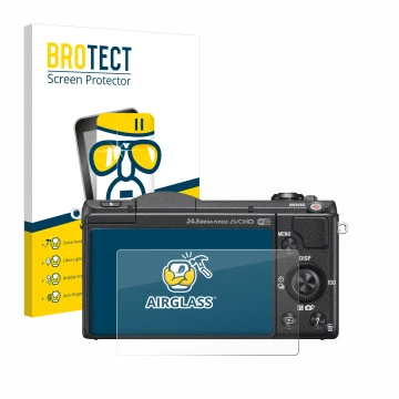 Front side of a product packaging with the brand logo BROTECT. Next to it is the device Sony Alpha 5100 (DSLR-A5100) shown wit