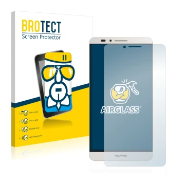 Front side of a product packaging with the brand logo BROTECT. Next to it is the device Huawei Ascend Mate 7 shown with the co