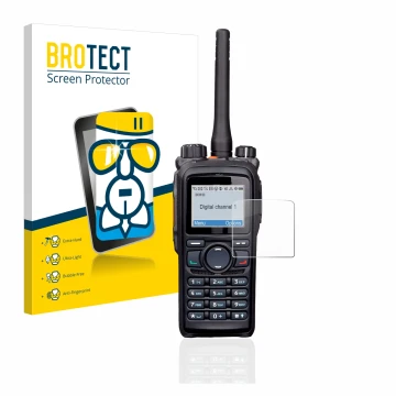 Front side of a product packaging with the brand logo BROTECT. Next to it is the device Hytera PD785 shown with the correspond