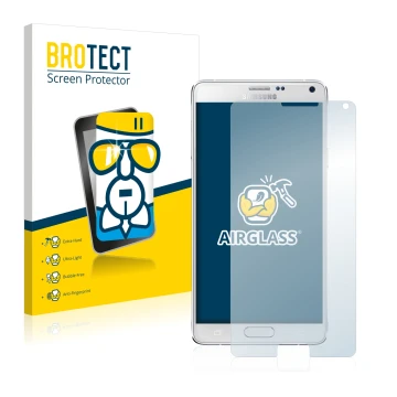Front side of a product packaging with the brand logo BROTECT. Next to it is the device Samsung Galaxy Note 4 shown with the c