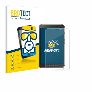 Front side of a product packaging with the brand logo BROTECT. Next to it is the device Samsung Galaxy Tab Active SM-T365 show