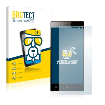 Front side of a product packaging with the brand logo BROTECT. Next to it is the device Lenovo Vibe X2 shown with the correspo