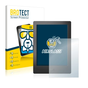 Front side of a product packaging with the brand logo BROTECT. Next to it is the device Kobo Aura H2O shown with the correspon