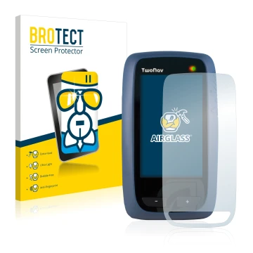 Front side of a product packaging with the brand logo BROTECT. Next to it is the device CompeGPS TwoNav Anima shown with the c
