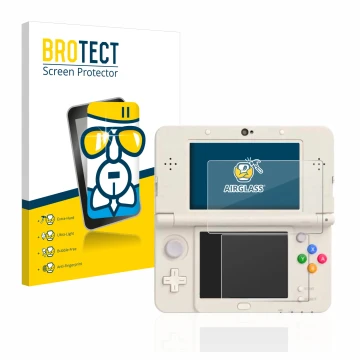 Front side of a product packaging with the brand logo BROTECT. Next to it is the device Nintendo New 3DS shown with the corres