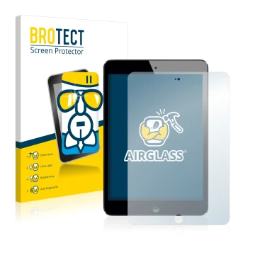 Front side of a product packaging with the brand logo BROTECT. Next to it is the device Apple iPad Mini 3 2014 shown with the 