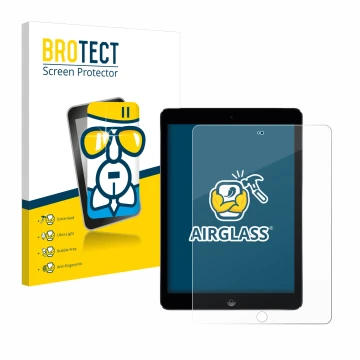 Front side of a product packaging with the brand logo BROTECT. Next to it is the device Apple iPad Air 2 2014 shown with the c