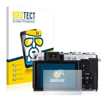 Front side of a product packaging with the brand logo BROTECT. Next to it is the device Fujifilm X30 shown with the correspond