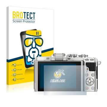Front side of a product packaging with the brand logo BROTECT. Next to it is the device Olympus PEN E-PL7 shown with the corre