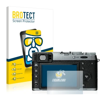 Front side of a product packaging with the brand logo BROTECT. Next to it is the device Fujifilm X100T shown with the correspo
