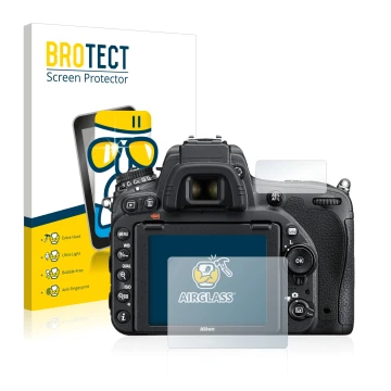 Front side of a product packaging with the brand logo BROTECT. Next to it is the device Nikon D750 shown with the correspondin