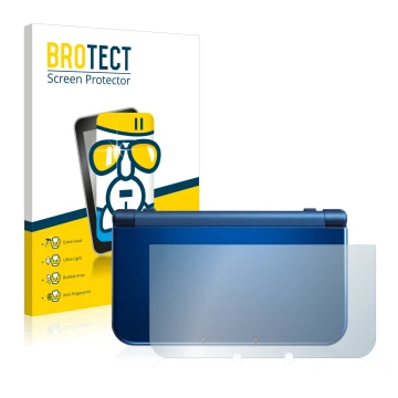 Front side of a product packaging with the brand logo BROTECT. Next to it is the device Nintendo New 3DS XL (housing) shown wi