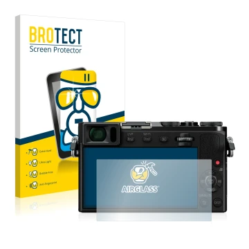 Front side of a product packaging with the brand logo BROTECT. Next to it is the device Panasonic Lumix DMC-GM5 shown with the