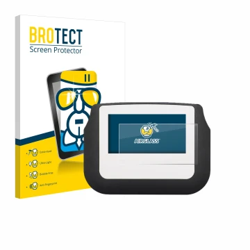 Front side of a product packaging with the brand logo BROTECT. Next to it is the device Signotec Signature Pad Sigma shown wit