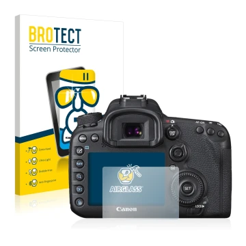 Front side of a product packaging with the brand logo BROTECT. Next to it is the device Canon EOS 7D Mark II shown with the co