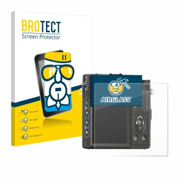 Front side of a product packaging with the brand logo BROTECT. Next to it is the device Fujifilm X10 shown with the correspond