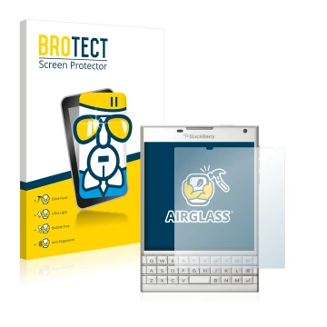 Front side of a product packaging with the brand logo BROTECT. Next to it is the device BlackBerry Passport shown with the cor