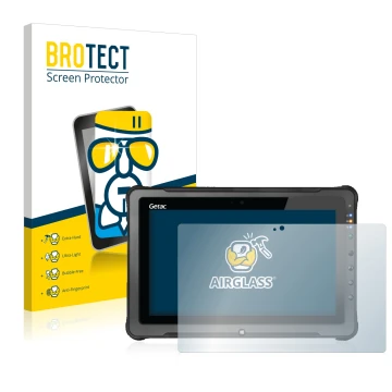 Front side of a product packaging with the brand logo BROTECT. Next to it is the device Getac F110 G5 shown with the correspon