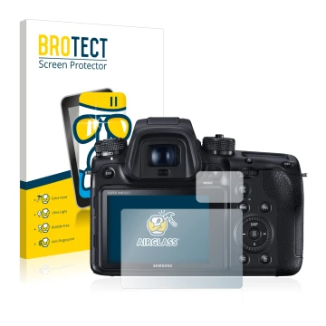 Front side of a product packaging with the brand logo BROTECT. Next to it is the device Samsung NX1 shown with the correspondi