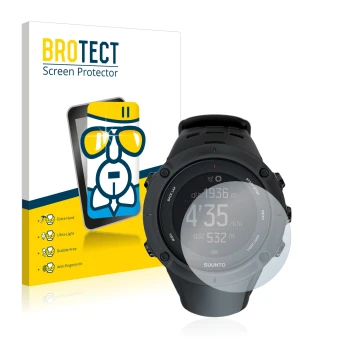 Front side of a product packaging with the brand logo BROTECT. Next to it is the device Suunto Ambit3 Peak Black shown with th