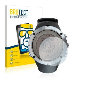 Front side of a product packaging with the brand logo BROTECT. Next to it is the device Suunto Ambit3 Peak Sapphire shown with