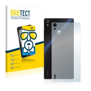 Front side of a product packaging with the brand logo BROTECT. Next to it is the device Huawei Ascend P7 (Back) shown with the