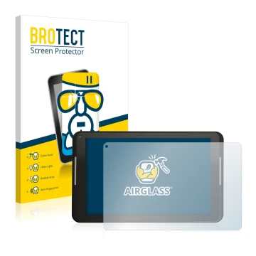 Front side of a product packaging with the brand logo BROTECT. Next to it is the device Xoro PAD 8W2 shown with the correspond