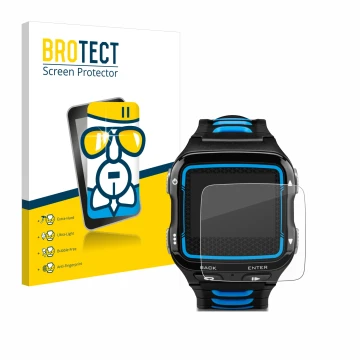 Front side of a product packaging with the brand logo BROTECT. Next to it is the device Garmin Forerunner 920XT shown with the