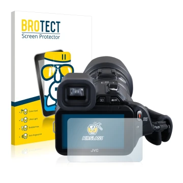 Front side of a product packaging with the brand logo BROTECT. Next to it is the device JVC GC-PX100BEU shown with the corresp