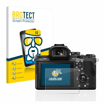 Front side of a product packaging with the brand logo BROTECT. Next to it is the device Sony Alpha 7 II (ILCE-7M2) shown with 