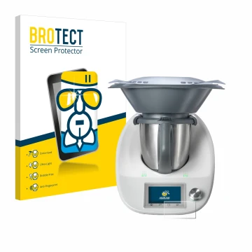 Front side of a product packaging with the brand logo BROTECT. Next to it is the device Vorwerk Thermomix TM5 shown with the c