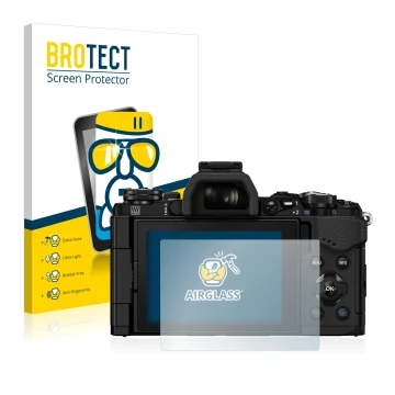 Front side of a product packaging with the brand logo BROTECT. Next to it is the device Olympus OM-D E-M5 Mark II shown with t
