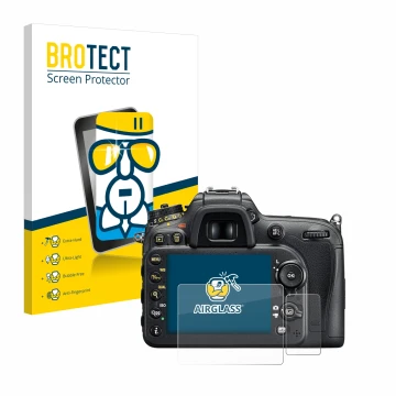 Front side of a product packaging with the brand logo BROTECT. Next to it is the device Nikon D7200 shown with the correspondi