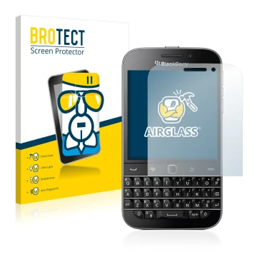 Front side of a product packaging with the brand logo BROTECT. Next to it is the device Blackberry Classic Q20 shown with the 